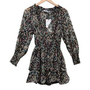Zara Tiered Mini Dress Multicolor Long Sleeve Smocked Pleated Ruffle Size S